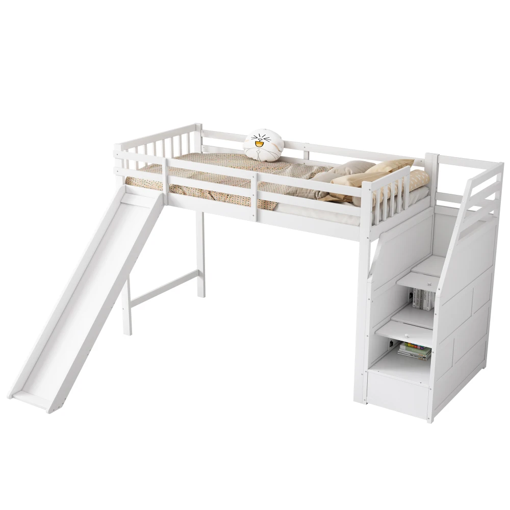 Etagenbett 90 x 200 cm – Sicherheitsbett für Kleinkinder mit Rutsche, abnehmbarem Zaun und optionaler Schienenposition, Stauraum, keine Matratze – Detail 15