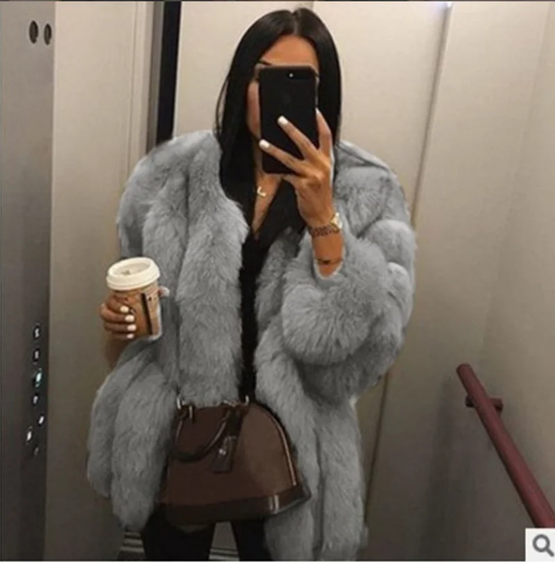 

APIPEE Fake Fox Fur Coat Silver Fox Fur Coat Women Winter Black Coat Long Sleeve Jacket Outerwear Women Fashion Casaco Feminino