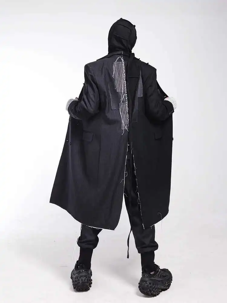HKSH Autumn Winter Men's Punk Dark Stylish Stitching Asymmetric Contrast Color Patchwork Wool Windbreaker Deconstruction HK3355