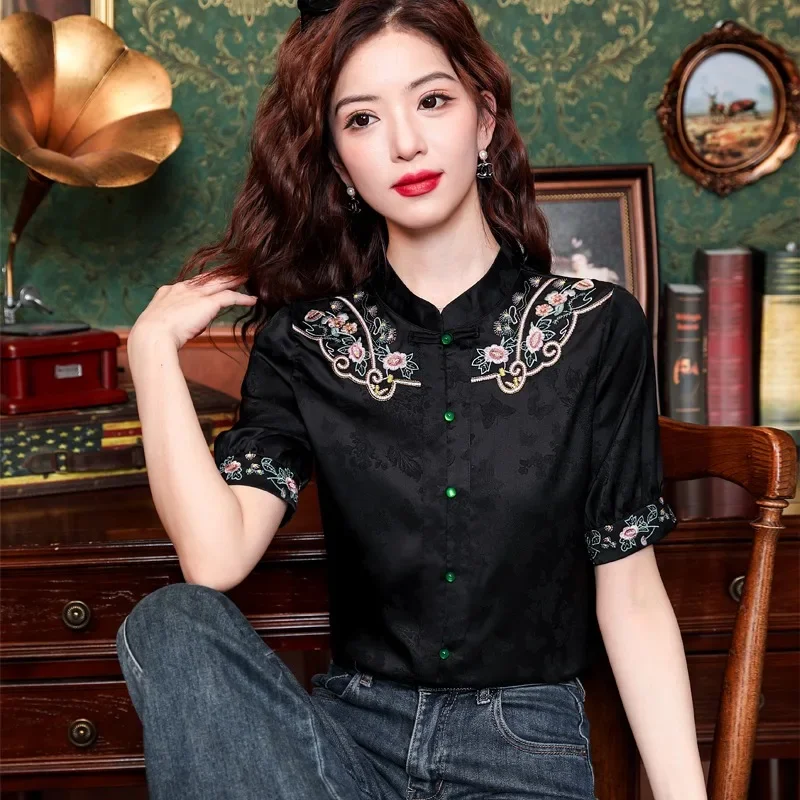 Satin Chinese Style Women's Shirt Summer Embroidery Vintage Blouses Loose Short Sleeves Women Tops Fashion Clothing