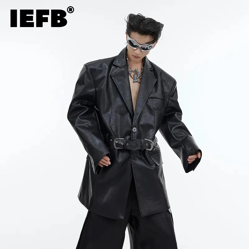 

IEFB Trend Men's Blazers Niche Design Shoulder Pad Leather Jacket Suit Coat Loose Silhouette With Belt 2023 Autumn New 9C2632