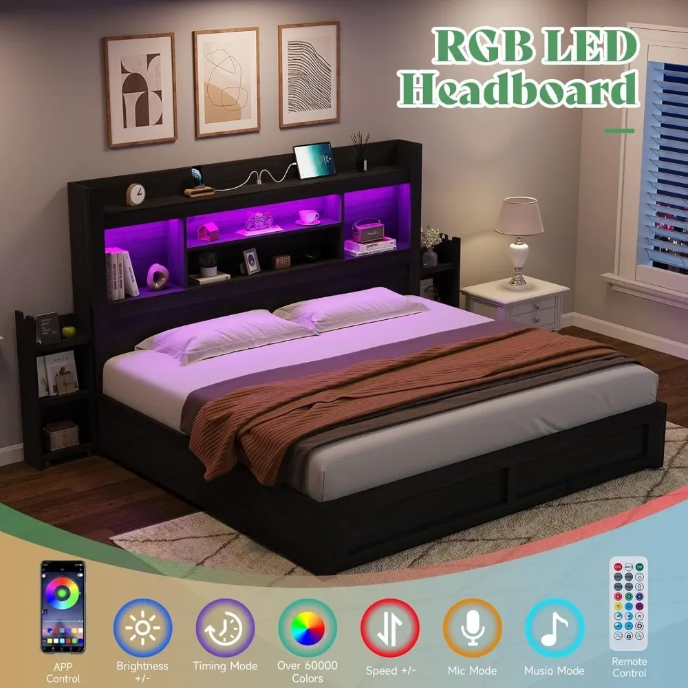 Description Picture 4 of itemKing Size Bed Frame with 4 Storage Drawers, LED Bed Frame with 49.6" Tall Bookcase Headboard, Wood Platform Bed with Charging