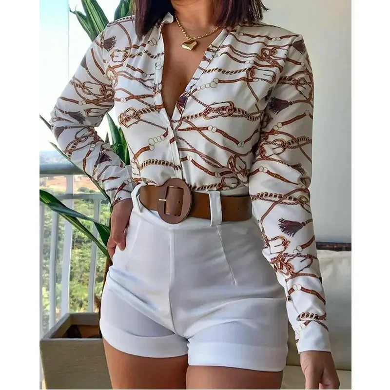 5008190010 New AliExpress Amazon Light Mature Long Sleeve Printed Stand up Neck Temperament Shirt Two Piece Set for Women