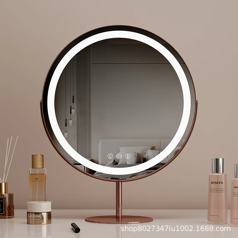Circular desktop LED makeup mirror with light, smart sensing touch makeup fill light mirror, rotatable