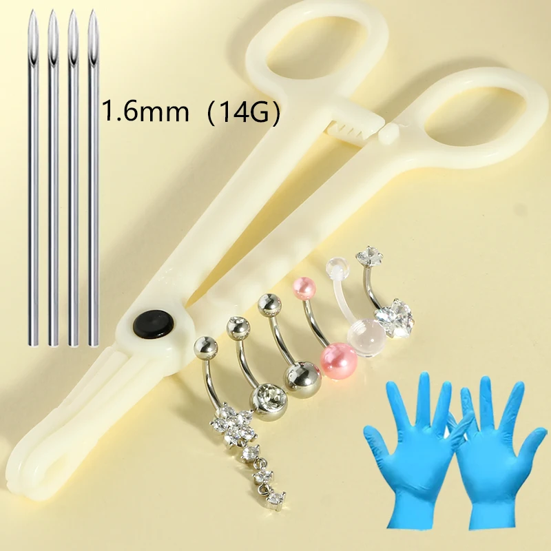 Navel Rings Piercing Jewelry Stainless Steel Cubic Zircon Belly Button Piercing Needles and Clamps Tool For Woman