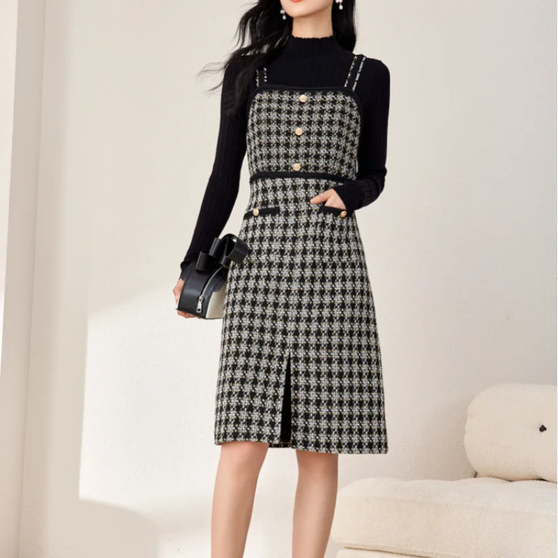 

Vintage Fashion Houndstooth Small Fragrance Dress Female Elegant Chic Basic French Tweed Women Strap Dress Vestido Feminino