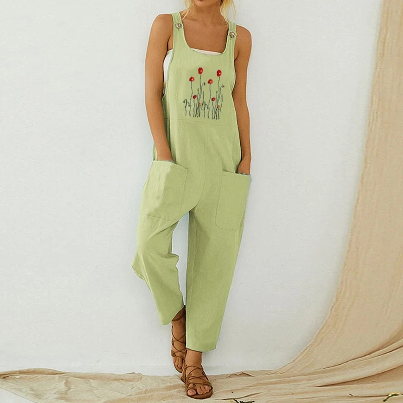 2022 Women Summer Printing Jumpsuits Strap Button Playsuit Daisy Retro Casual Harajuku Overalls Plus Size Woman Pocket Jumpsuit