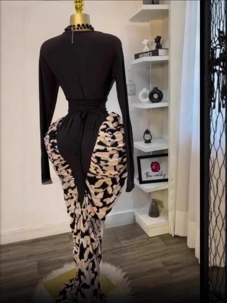 Wmstar Dress Women Wohesale A New Sexy Long Sleeved Printed Patchwork Pleated Form Fitting One Piece Autumn of 2025 One Pieces