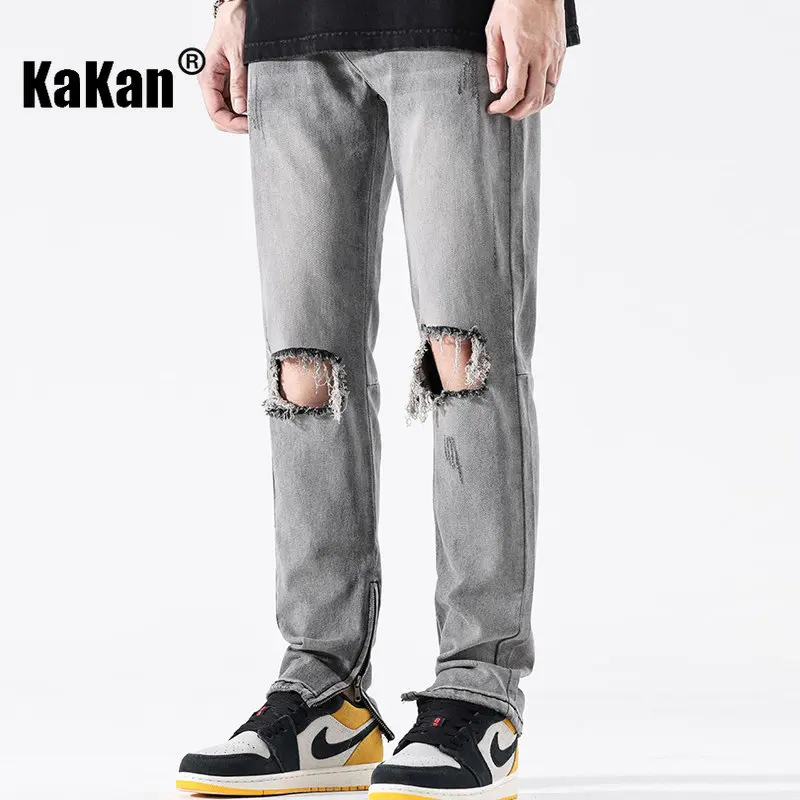 Kakan - New High Street Washed Hole Zippered Jeans for Men, Black Grey Slim Fit Long Jeans K24-JX5578