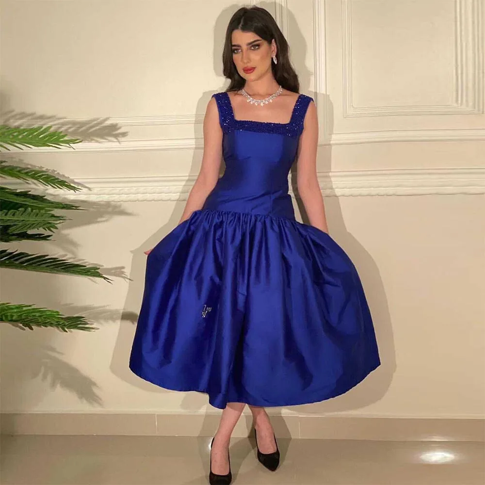 

Sevintage Royal Blue Saudi Arabic Satin Evening Dresses Beadings Crystal Pleat Ruched Prom Dress Dubai Women Wedding Party Gown
