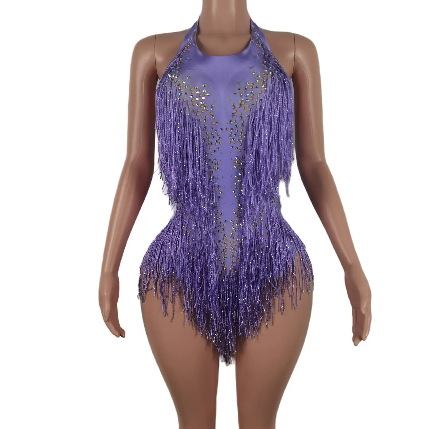 

New 2023 Sequin Fringes Purple Leotard Sexy Tassel Bodysuit Latin Dance Pole Costume Stage Party Club Dancer Performance Liusu