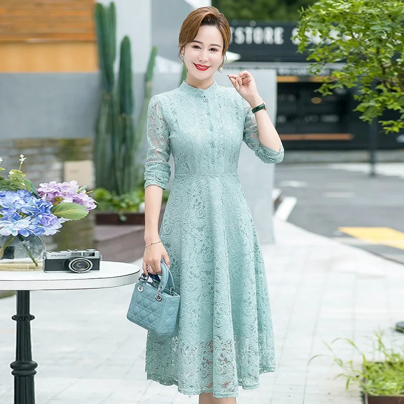 

Vintage O-Neck long sleeves Lace Hollow Out Dress For Women's Spring and summer Slim Elegant Long Dress Female Clothing