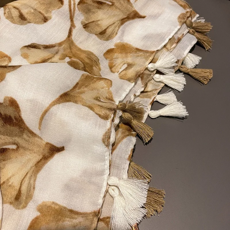 Boho Mode Ginkgo Biloba Floral Quaste Viskose Schals Schal Dame Hohe Qualität Wrap Strand Stola Bufandas Moslemisches Hijab 180*90 cm – Detail 3
