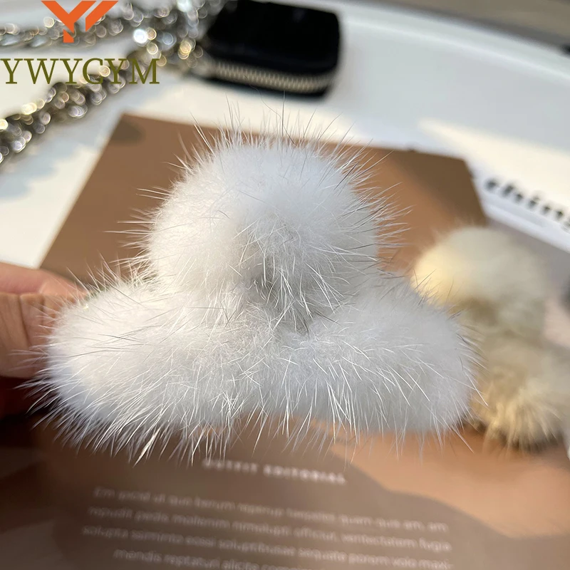 Winter Real Fur Mink Hair Claw Clip Plush Cute Hairclip Large Size Shark Hair Crab Clip Hairpins Fashion Accessories