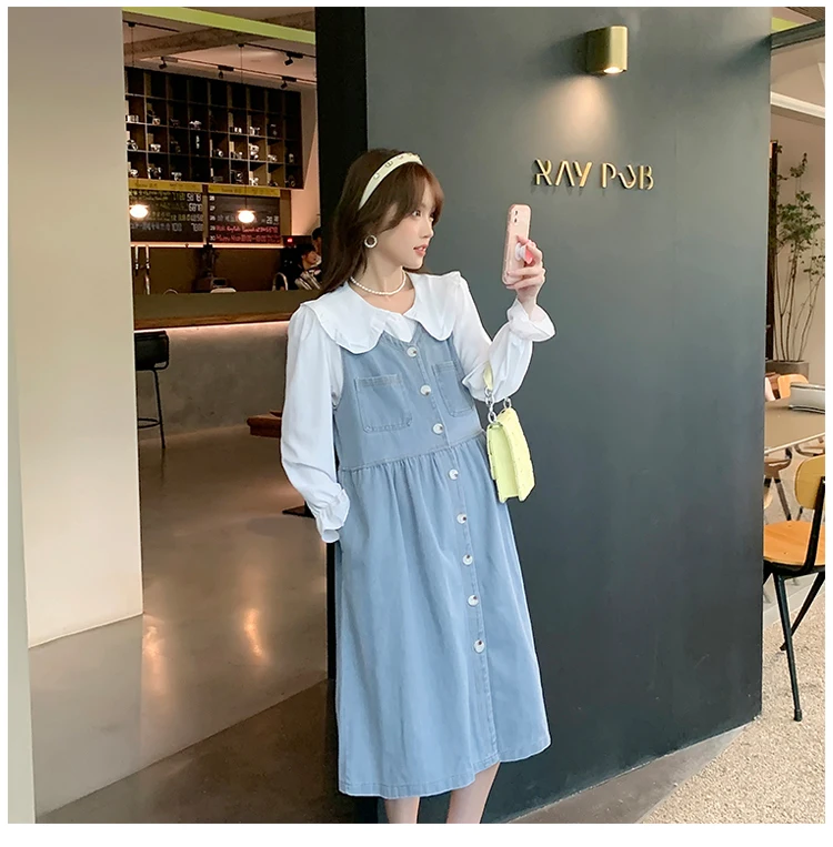 Shointy - Maternity Denim Midi A-Line Pinafore Dress / Short-Sleeve Blouse  / Set | YesStyle