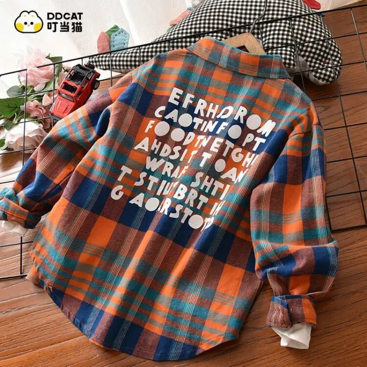 Boys' Shirt Autumn and Winter Cotton Handsome Coat Middle Children's Plaid Long Sleeve Plush Spring and Autumn Shirt