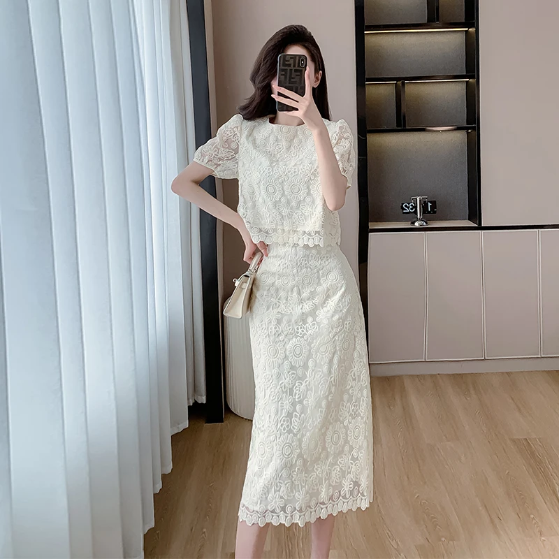 Summer Embroidery Lace Dress Sets 2 Piece Womens Outfits Runway 2024 Designer Short Sleeve Top and Skirt Suit Casual Party White