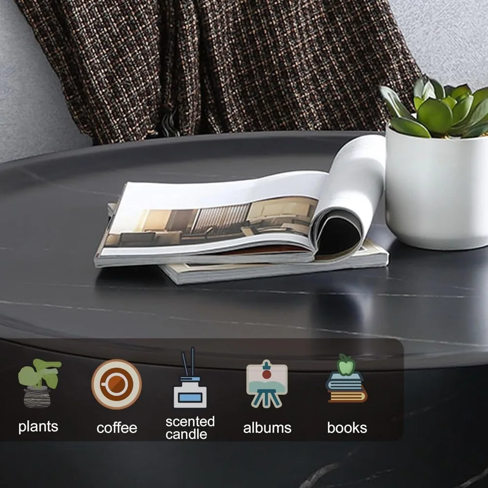 Modern Round Coffee Table for Living Room, Circle Coffee Table Faux Black Pattern Center Table for Apartment, No Need Assembly 4