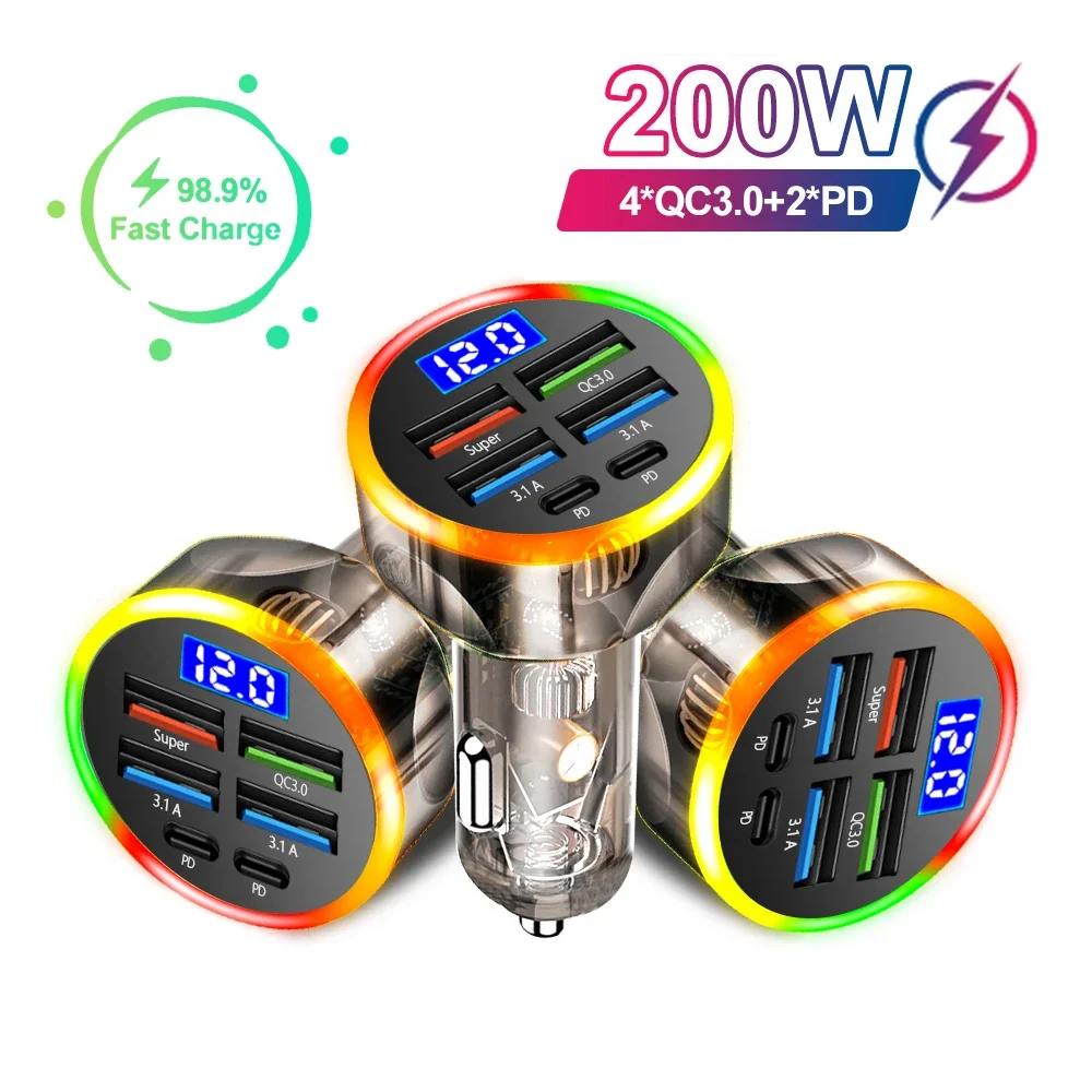 High-Power 200W Clear Case Car Charger with QC3.0 & Type-C PD Fast Charging