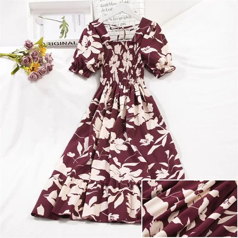 Spring Summer Short Sleeve Chiffon Dresses Fashion Female Elastic Waist Pleated Beach Dress y2k Women A-line Dress Vestidos 원피스