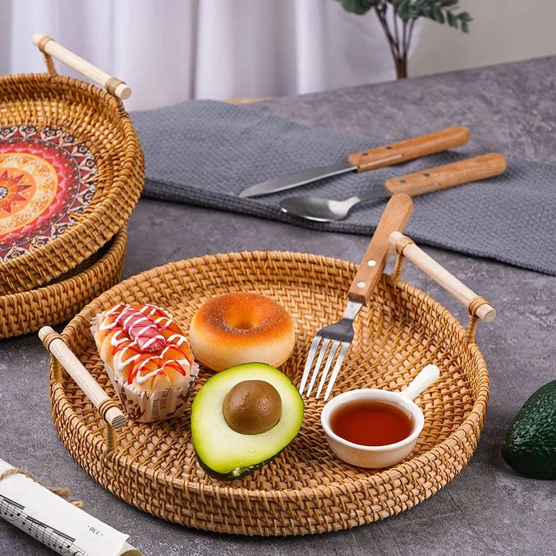 1PC Woven Rattan Storage Basket with Strap Handle round Tray for Bread Snacks Fruits Picnic - Home Organization Basket