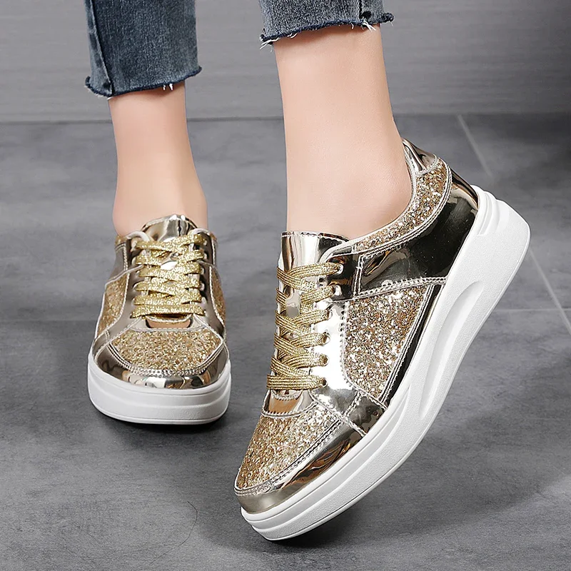 Over Size 35-43 Women Sport Sneakers Comfortable Flat Female Traveler Big Size 41 42 43 Walking Shoes Gold Athletic Trainers