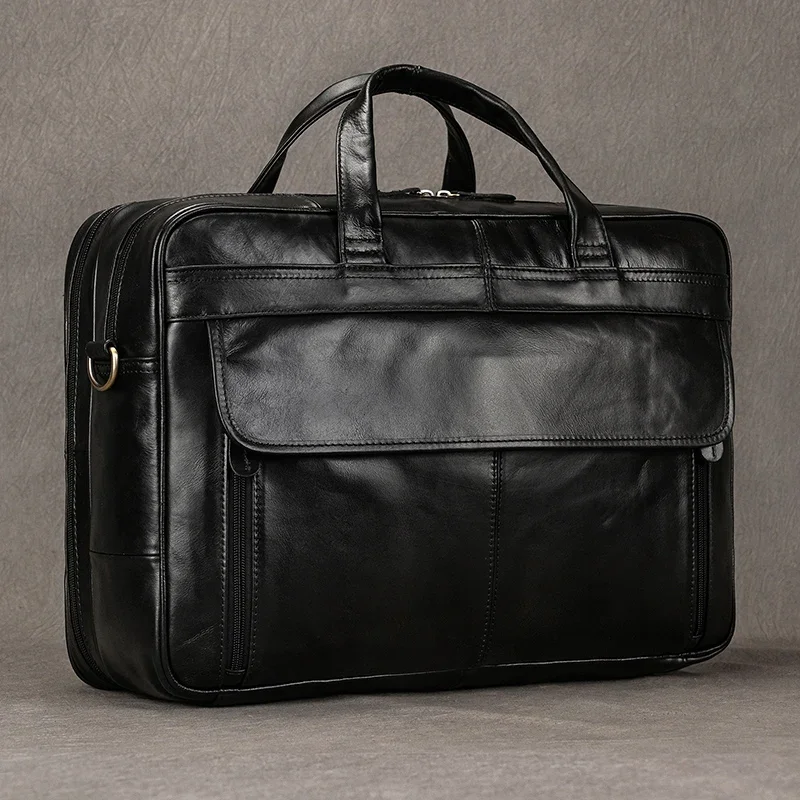 

Briefcase Bag 17" Mens Leather Men Travel Black Business Laptop Shoulder Document Male