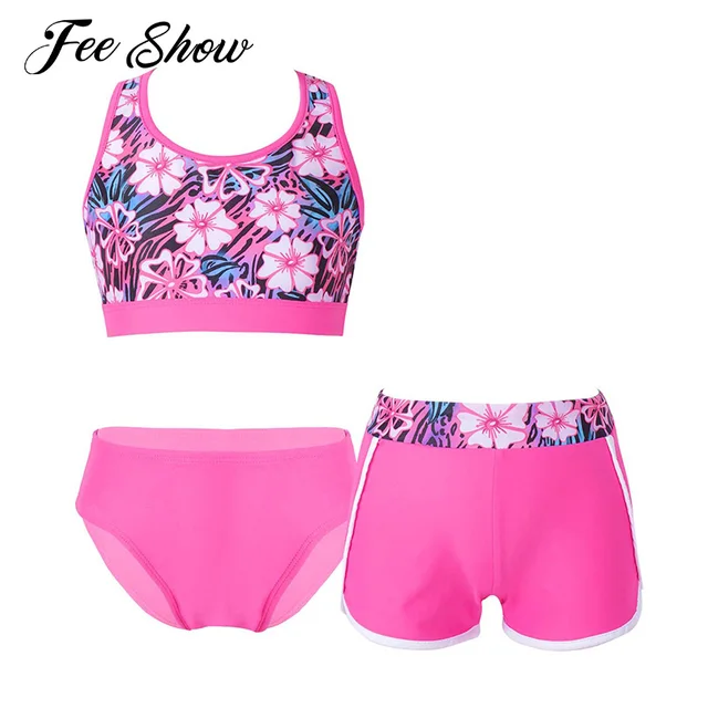 Toddler Girls Swimwear Swimsuit Rashguard Open Back Print Crop Tank Top with Shorts and Briefs Set 3Pcs Swimming Suits Beachwear 1