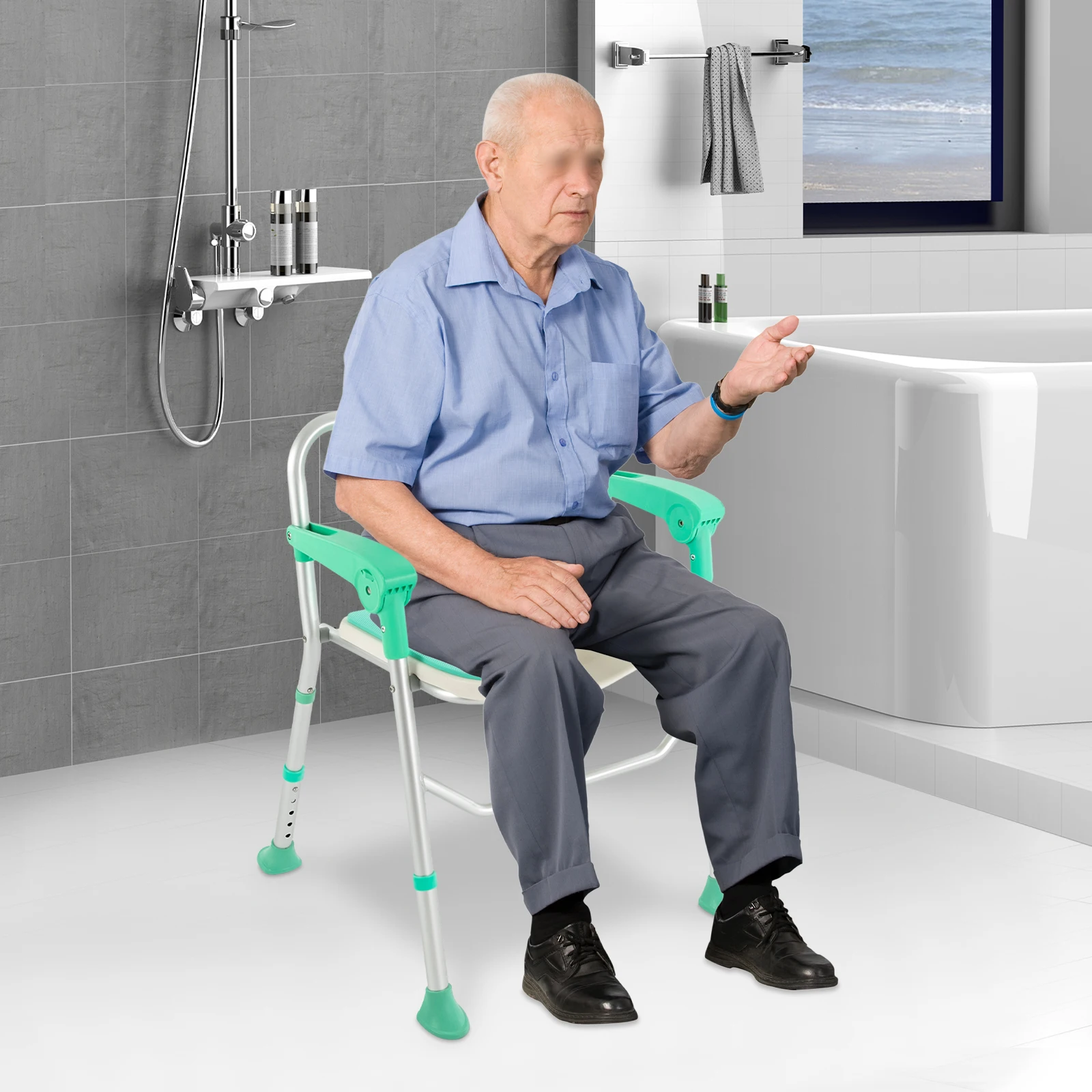 Foldable Shower Chair Height Adjustable Bath Chair Aluminum Alloy Bathroom Stool Shower Stool Shower Seat Load 150KG/331IBS 2