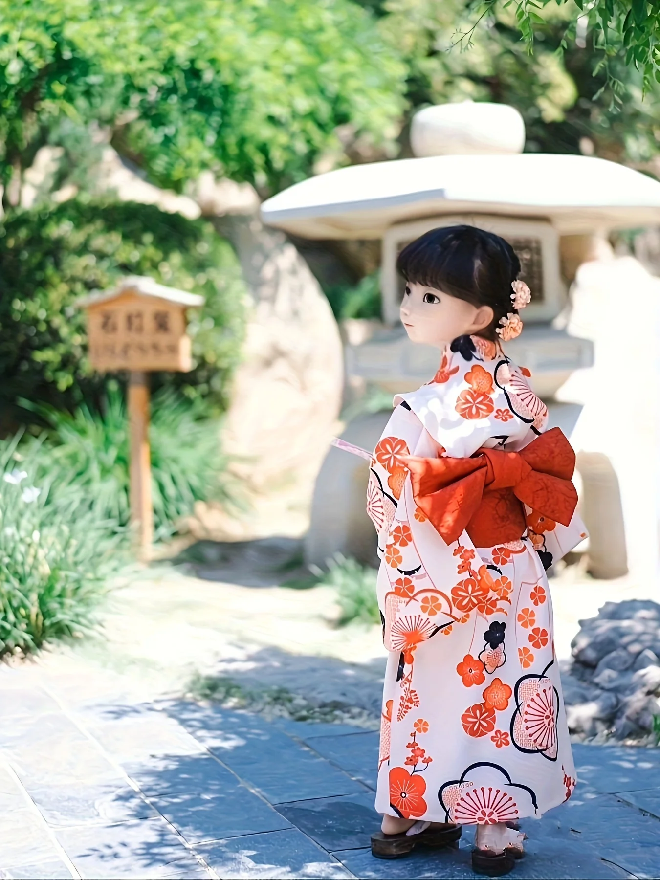 2pcs Children'S Baby White Kimono Orange Flowers Pattern Dress For Girls Shichi-Go-San Clothing Kimono