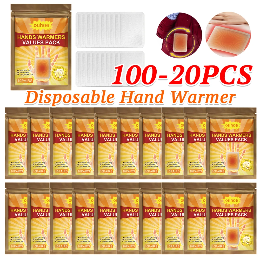 100-20pcs Disposable Hand Warmer Self-Adhesive Hand Heating Pad Long Lasting Winter Warm Paste Stick Winter Warm Supplies