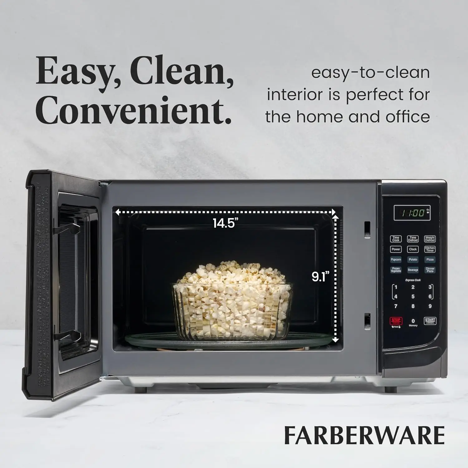 NEW Compact Countertop Microwave Oven 1.1 Cu. Ft. 1100-Watt with LED Lighting, Child Lock, Easy Clean Grey Interior, Black 5