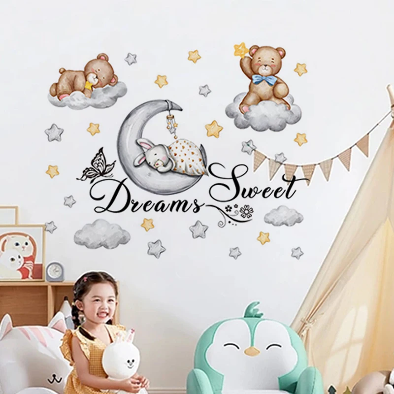 

Большая медведь Банни Луна Звезда спальня детская комната Спальня украшение самоклеящаяся наклейка на стену