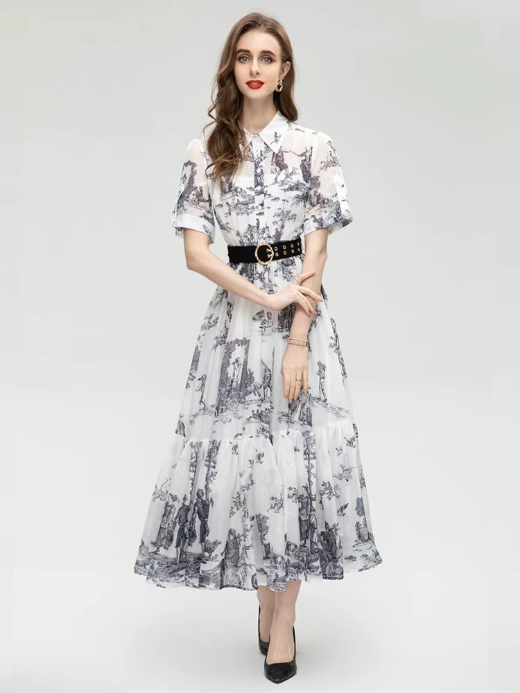 

Designer retro cotton hemp Polo neck with belt short-sleeved dress women's new fashion ink print big swing pompadour skirt