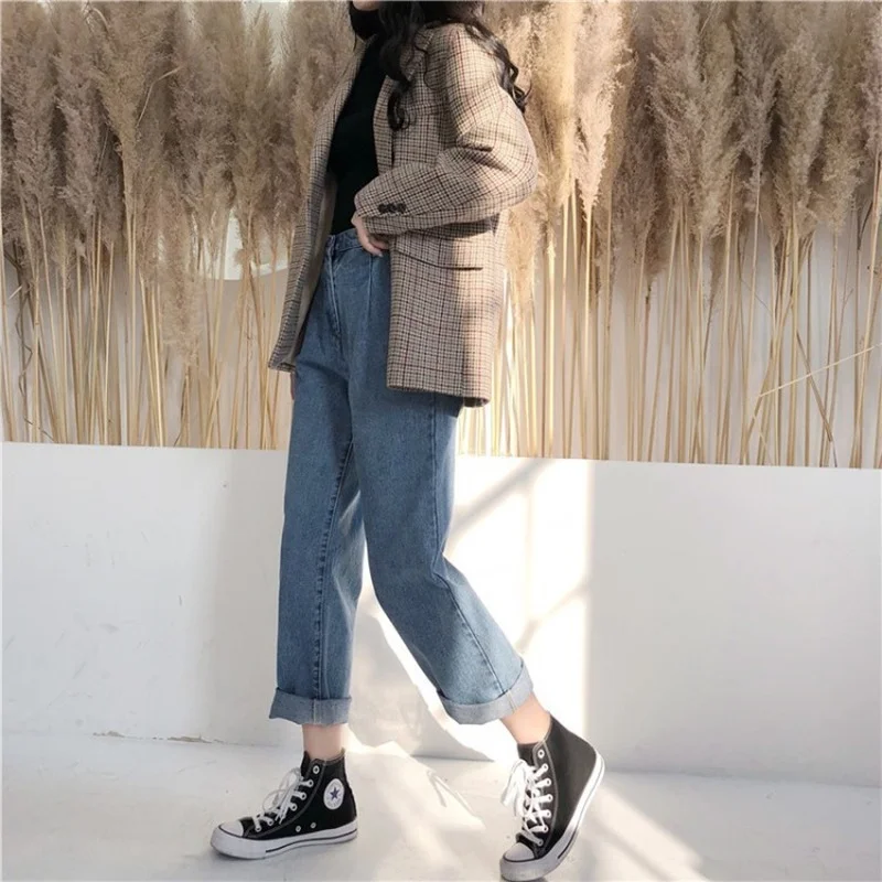Korean Fashion Plaid Blazer 2024 Women Chic Single Button Casual Office Blazer Suit New Fairy Lady Work Formal Clothing Commute