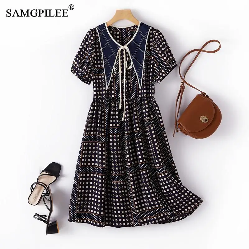 

Summer Dress Women 2022 New Elegant Small Flower Geometric Figure Waist Stitching Drape Chiffon Bow Casual Women's Dresses 4XL