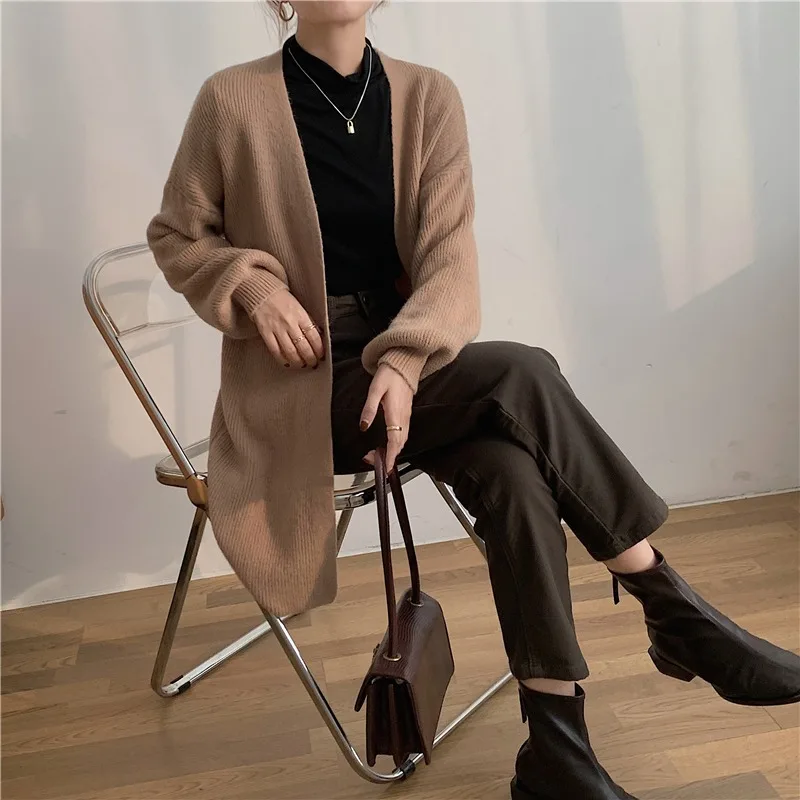 

Women Vintage Oversized Solid Knitting Long Sleeve Elegant Cardigans 2023 Winter Casual Office Lady Chic Korean Fashion Sweater