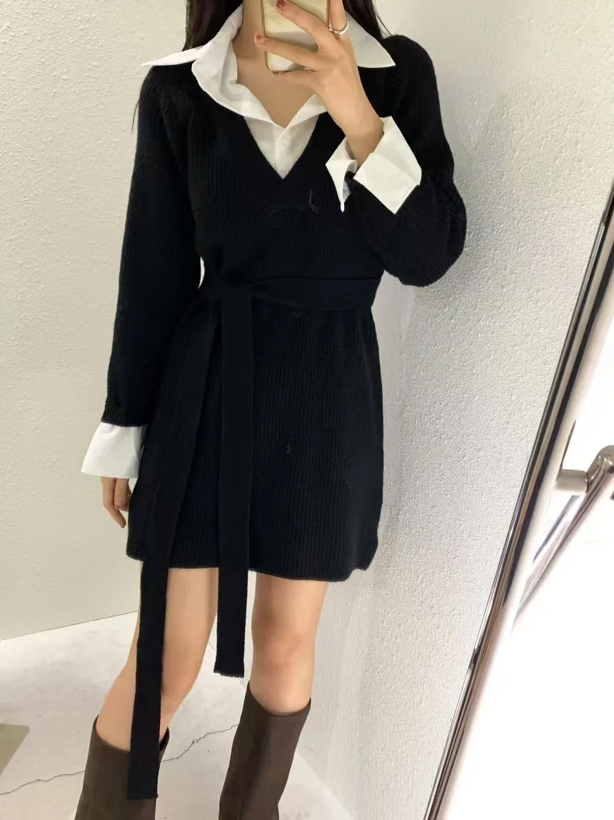 Korean Chic Mini Dresses Women Turn-down Collar Long Sleeve Shirt Patchwork Autumn Winter Knitted Dress Casual Fashion Vestidos