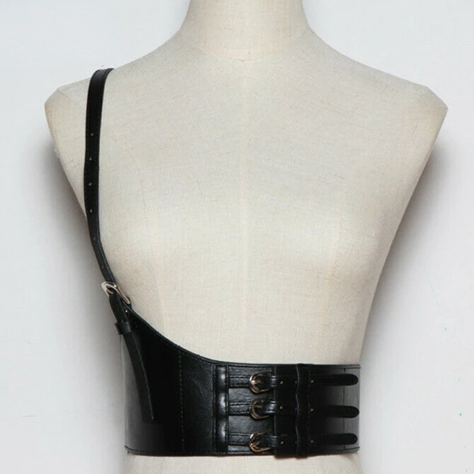 Bondage Lingerie PU Leather Wide Belt Elastic One-shoulder Sling Dress Shirt Decoration Bib Girdle