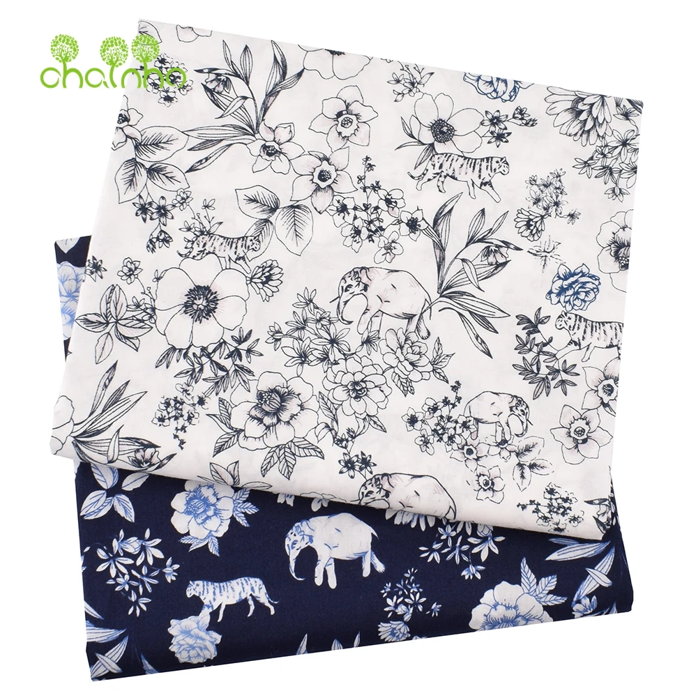 Chainho,Printed Plain Weave Poplin Cotton Fabric,DIY Sewing Quilting Material,Patchwork Cloth,Floral Series,3 Big Sizes,15PC32
