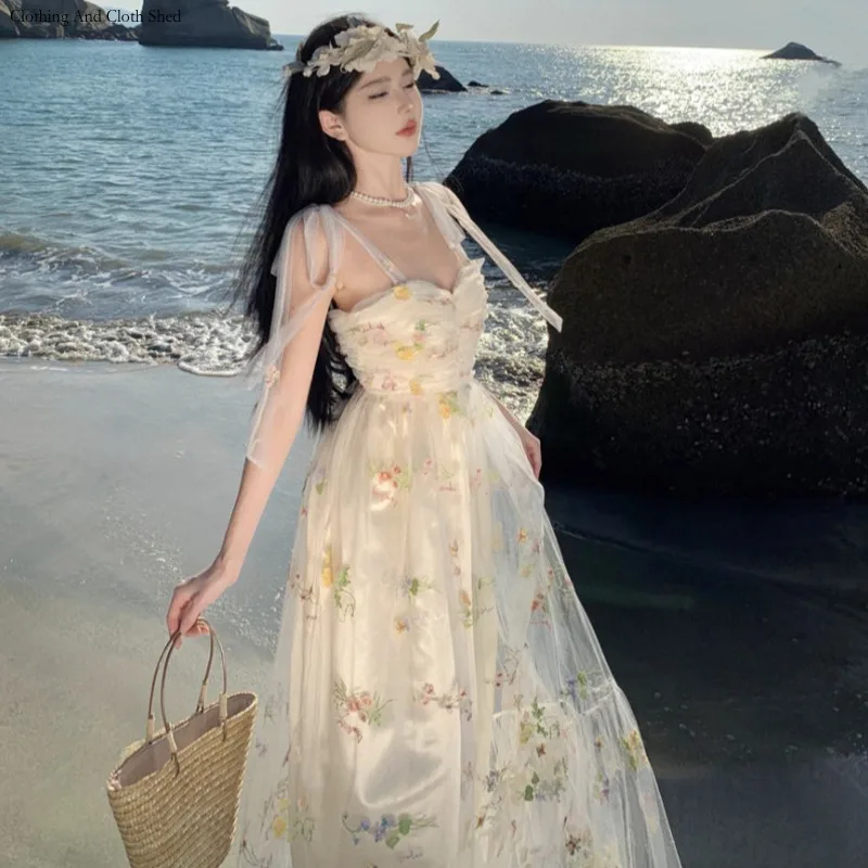 

2024 Summer New Elegant Backless Lace Up Women's Sling Dress with Mesh Embroidery Flower Holiday Fairy Beach Dress A-line Skirt