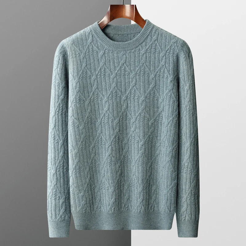 High-End Winter Thickened Jacquard Round Neck Pullover Men's New 100% Pure Wool Sweater Business Warm Cashmere Long-Sleeved Top