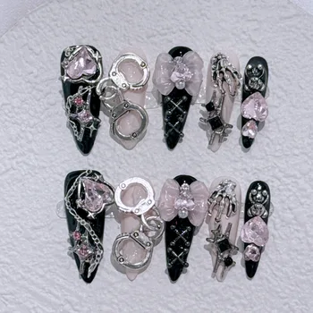 Long Stiletto Press on Fake Nails Blue Heart Diamond Bow Decoration False Nail Y2K Fashion Artificial Nail Handmade Acrylic Nail