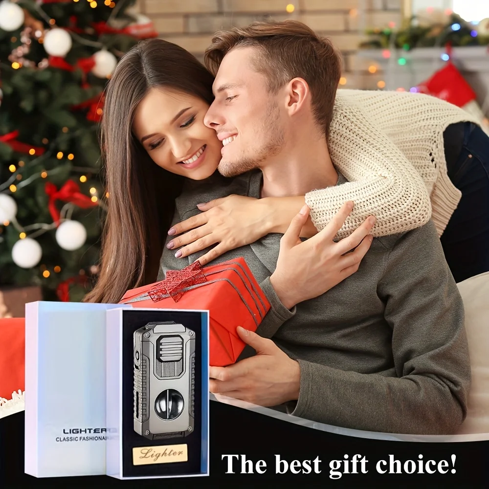 2025 New Multifunctional Three-jet Flame Direct Injection Cigar Lighter with Built-in V-shaped Cigar Cutter Portable Five-in-one