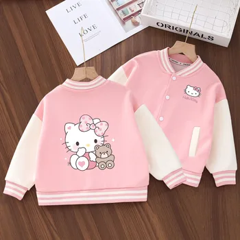 Veste de printemps-automne unisexe avec imprimé de dessin animé Hello Kitty, uniforme de Baseball