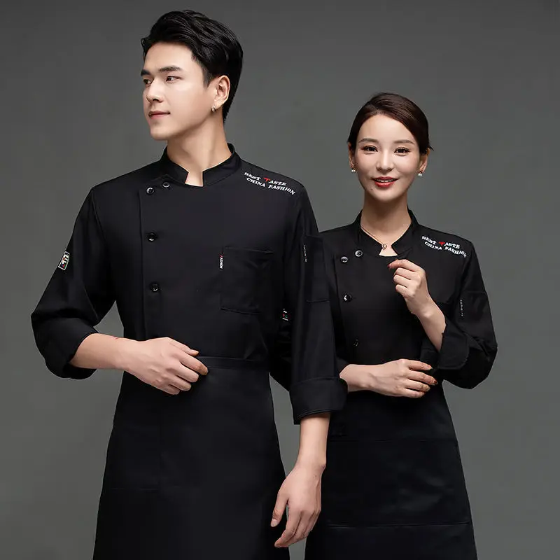 Men black Chef Jacket Chef Shirt Apron Logo Head Uniform Restaurant Hotel Kitchen Short Cooking Clothes Women Catering