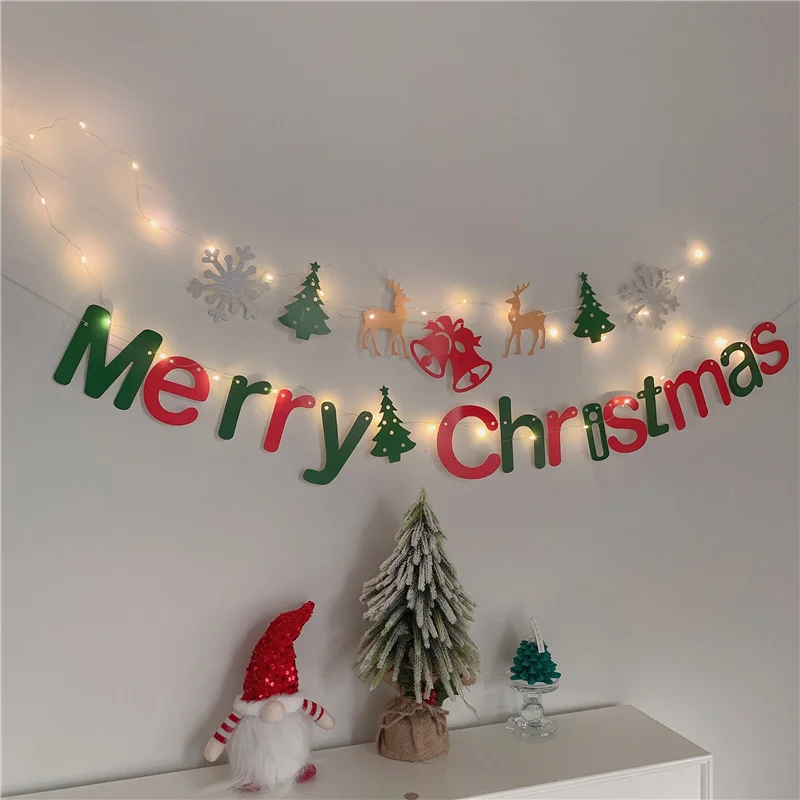 

DIY Decorations Merryc Cheismas Lettering Scenes Decorated With Colored Flags On The Wall Light Effects