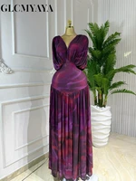 CM.YAYA Women Tie Dye Print V-neck Short Sleeve Long Dress 2025 Fall Birthday Evening Vacation Night Party Vestidos Sexy Dresses