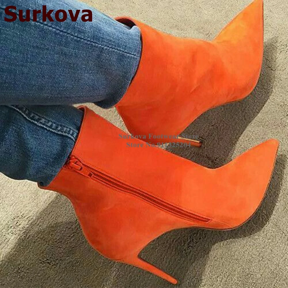 

Surkova Orange Suede Nude Black Matte Ankle Boots Stiletto Heels Pointed Toe Zipped Short Booties Sexy Banquet Shoes Size46