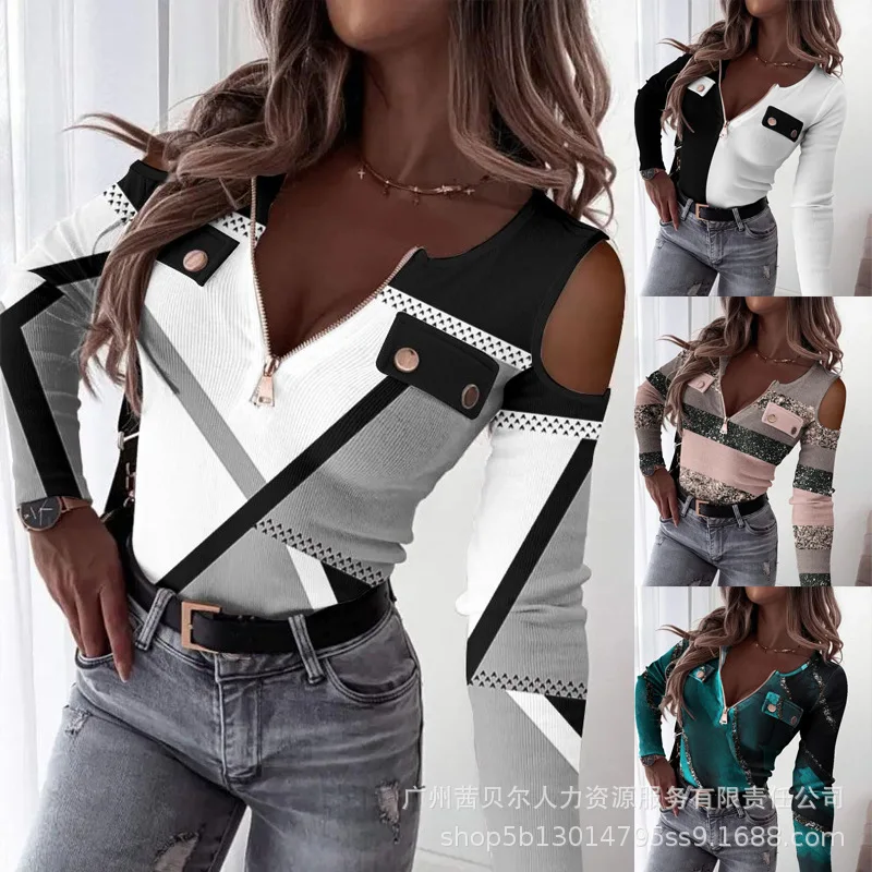

TShirts for Women New Contrast Print V-Neck Off Shoulder Fit Top for Women